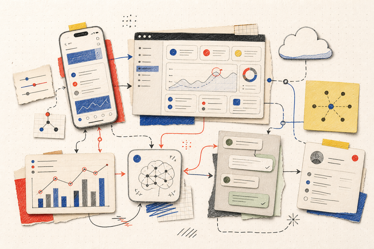 Hand-drawn collage of connected product, automation, cloud and growth interfaces