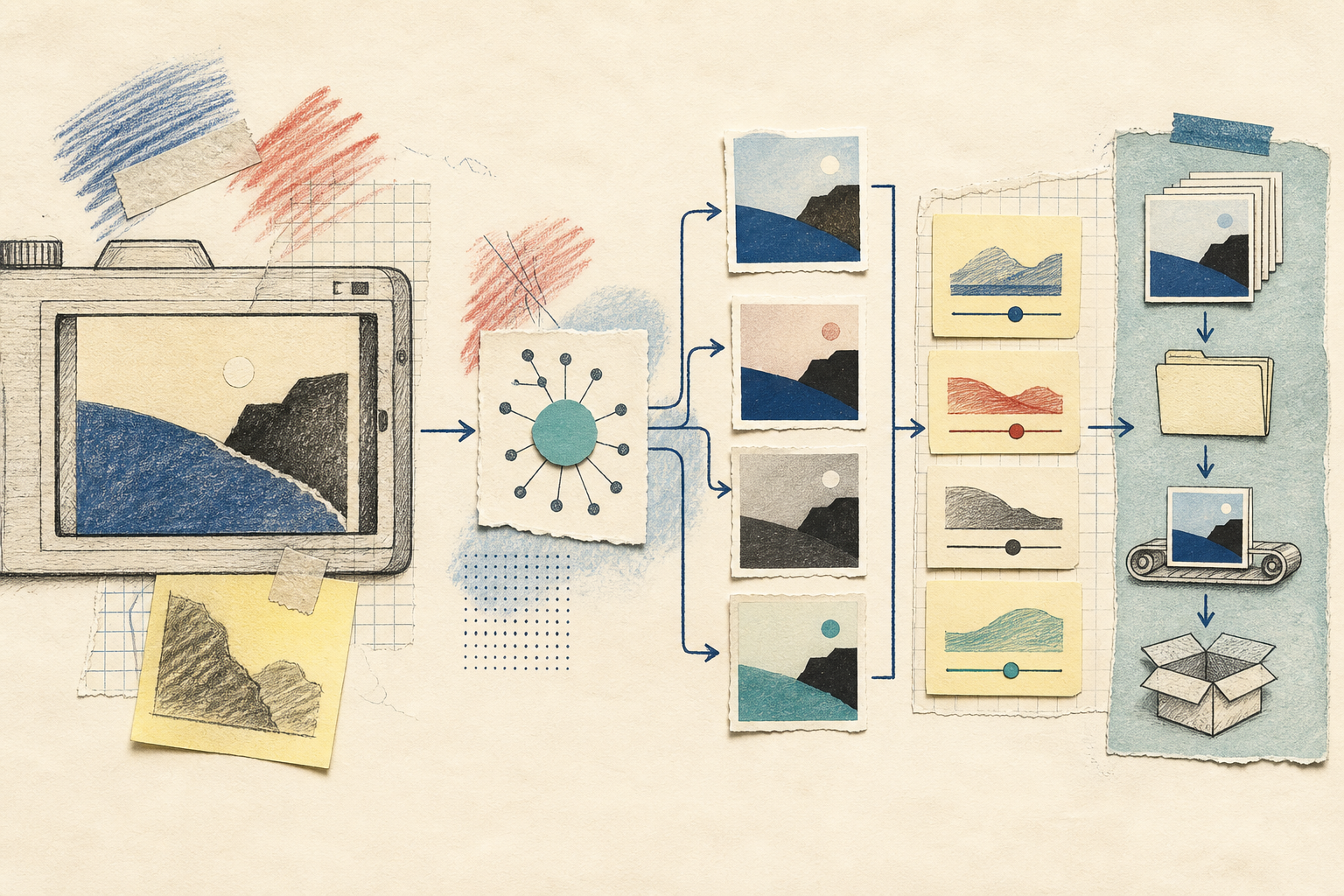 Hand-drawn AI photography workspace with editing and automation tools
