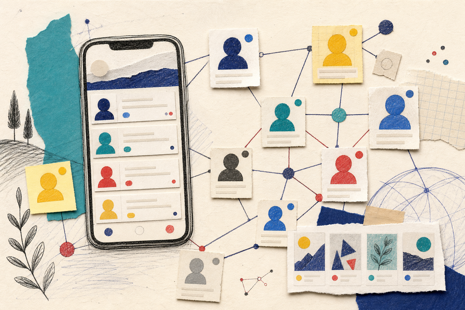 Hand-drawn digital networking platform connecting professional profiles
