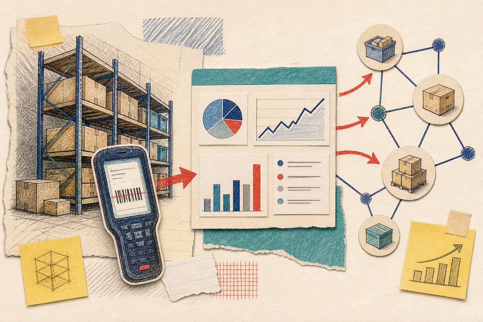 Hand-drawn inventory operations dashboard with warehouse and analytics elements